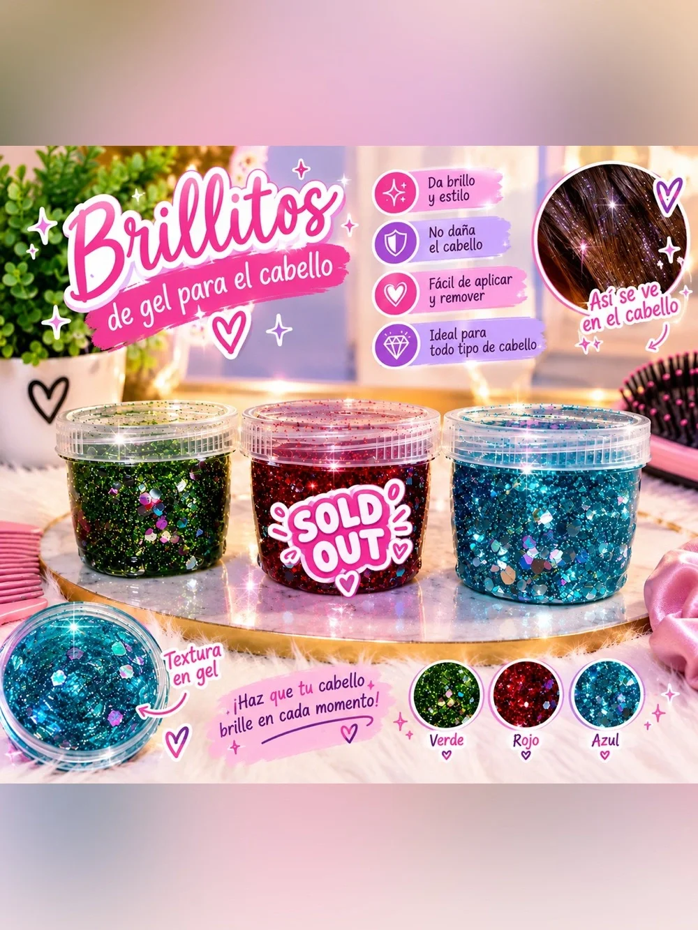 Brillitos Gel para el Cabello - Azul, Rojo, Verde